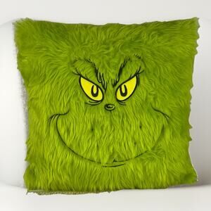The Grinch Dr. Seuss Throw Pillow Green Faux Fur Face Holiday Christmas Ruz